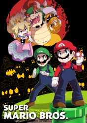1girl 3boys absurdres angry black_hair blonde_hair blue_eyes boo_(mario) bowser breasts brothers buzzy_beetle claws crown dress evil_grin evil_smile facial_hair ghost glasses gloves glowing glowing_eyes goomba grin hat highres horns industrial_pipe kamek kidnapped koopa_troopa lakitu luigi mario mario_(series) multiple_boys mustache nintendo overalls pink_dress piranha_plant princess_peach red_hair serious siblings smile super_mario_bros._1 super_mario_bros._3 super_mario_world super_mushroom sweat warp_pipe