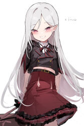 Rule 34 | 1girl, absurdres, belt, black belt, blue archive, clenched teeth, grey hair, grin, hair down, highres, long hair, looking at viewer, midriff, mutsuki (blue archive), navel, neck ribbon, pointy ears, red eyes, red skirt, ribbon, simple background, sketch, skirt, smile, solo, somray, teeth, white background