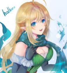 1girl ahoge black_gloves blonde_hair blue_eyes breasts character_name cleavage dress elbow_gloves elf eyebrows_hidden_by_hair gloves green_dress green_scarf hair_between_eyes halkara_(slime_taoshite_300_nen) highres large_breasts long_hair looking_at_viewer open_mouth pointy_ears scarf simple_background slime_taoshite_300_nen_shiranai_uchi_ni_level_max_ni_nattemashita smile solo suterisu teeth upper_body upper_teeth_only very_long_hair white_background