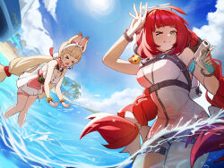 &gt;_&lt; &gt;_o 2girls absurdres air_bubble alice_thymefield alice_thymefield_(sea_of_thyme) animal_ears arm_up bare_shoulders beach bead_bracelet beads blonde_hair blue_sky blunt_bangs blush bracelet braid braided_twintails breasts bubble cleavage cloud commentary day dutch_angle eyewear_on_head green_eyes hairband highres holding holding_water_gun jewelry lens_flare light_particles long_hair looking_at_viewer low_twin_braids low_twintails medium_breasts multiple_girls ocean official_alternate_costume one-piece_swimsuit one_eye_closed outdoors palm_tree parted_lips pink_one-piece_swimsuit rabbit_ears rabbit_girl red_hair sidelocks sky smile sparkle sphere_hair_ornament splashing sun sunlight swimsuit thigh_strap thighs tree twin_braids twintails two-tone_one-piece_swimsuit ukinami_yuzuha ukinami_yuzuha_(tanuki_in_broad_daylight) very_long_hair wading water_drop water_gun waves wet white_hairband white_one-piece_swimsuit yunmo_(znfc8352) zenless_zone_zero