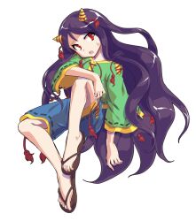 1girl alphes_(style) blue_shorts commentary_request cone_horns dairi flip-flops full_body green_shirt horn_ornament horn_ribbon horns large_variant_set long_hair long_sleeves nippaku_zanmu parody purple_hair ribbon sandals shirt shorts solo style_parody tachi-e tears touhou transparent_background variant_set wide_sleeves yellow_horns