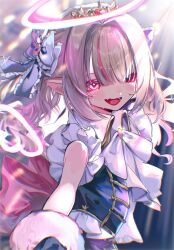 1girl :d black_background black_bow black_gloves black_jacket blunt_bangs blush bow bracelet brooch colored_inner_hair crop_top drawn_wings fang frills fur_bracelet gloves gold_trim grey_hair hair_bow hair_ornament halo headset heart highres idol_clothes jacket jewelry lens_flare long_hair looking_at_viewer looking_back makaino_ririmu momongapoketto multicolored_hair nijisanji nijisanji_idol_uniform official_alternate_costume open_mouth pink_hair pink_ribbon pointy_ears rabbit_hair_ornament red_eyes ribbon skin_fang sleeveless smile solo streaked_hair sweatdrop tiara two_side_up upper_body virtual_youtuber white_ribbon