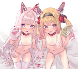 2girls animal_ears animal_hands bare_arms bare_legs bare_shoulders bed_sheet belt_buckle belt_collar bikini bishooji blonde_hair blush bow buckle cameltoe cat_ears cat_paws cat_tail collar collarbone commentary_request drill_hair drill_sidelocks fake_animal_ears fang feet_out_of_frame flat_chest from_above grenade_hair_ornament hairband hand_on_another&#039;s_hand heart heart-shaped_pupils highres holding holding_money ikine_tomeru indie_virtual_youtuber loli long_hair looking_at_viewer mechanical_ears medium_hair micro_bikini mole mole_under_eye money multiple_girls namahoshi-chan navel on_bed open_mouth pink_bow prostitution purple_eyes red_collar ribs sidelocks silver_hair sitting skindentation smile stomach swimsuit symbol-shaped_pupils tail tail_bow tail_ornament thigh_gap thighhighs tongue tongue_out twintails upturned_eyes very_long_hair virtual_youtuber white_background white_bikini white_legwear yen