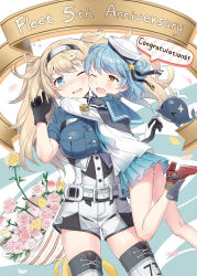 Rule 34 | 2girls, animal, aqua skirt, ass, bad id, bad pixiv id, belt, belt buckle, blonde hair, blue eyes, blue hair, blue shirt, blush, breast pocket, buckle, buttons, cnm, dixie cup hat, double bun, english text, fang, flower, gambier bay (kancolle), gloves, hair bun, hat, highres, kantai collection, long hair, long sleeves, military hat, miniskirt, multicolored gloves, multiple girls, one eye closed, open mouth, panties, pantyshot, pink flower, pleated skirt, pocket, samuel b. roberts (kancolle), school uniform, serafuku, shirt, short hair, shorts, skirt, smile, twintails, underwear, whale, white hat, white shorts, yellow eyes, yellow flower