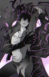 1boy 1other arm_around_waist arms_around_neck arms_up beru_(solo_leveling) black_hair chromatic_aberration closed_mouth darkness gradient_background grey_background hair_between_eyes hand_on_another&#039;s_thigh hiyomon holding jacket looking_to_the_side male_focus monochrome monster purple_background purple_theme shirt short_hair solo_leveling sung_jin-woo white_background white_eyes