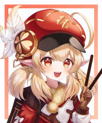 1girl :d ahoge backpack bag blonde_hair blush brown_gloves newsboy_cap commentary dress feathers food genshin_impact gloves hand_up hat hat_feather highres holding jacket klee_(genshin_impact) long_hair long_sleeves looking_at_viewer low_twintails open_mouth pocky_day pointy_ears prana_(prana12) red_dress red_eyes red_hat red_jacket smile solo twintails upper_body