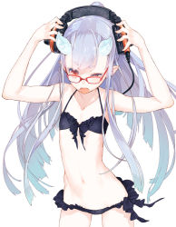1girl :p bikini blue_hair collarbone female_focus flat_chest glasses gradient_hair headphones horns ji_no long_hair multicolored_hair navel open_mouth original pointy_ears red-framed_eyewear red_eyes solo swimsuit tongue tongue_out wince