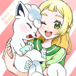 1girl ;d alolan_form alolan_vulpix collared_shirt commentary_request cosplay eyelashes gen_7_pokemon green_eyes green_shirt hands_up happy highres hiyokko2min holding holding_pokemon lillie_(pokemon) nintendo one_eye_closed open_mouth pokemon pokemon_(creature) pokemon_sm rising_star_(pokemon) rising_star_(pokemon)_(cosplay) shirt short_sleeves smile teeth tongue upper_teeth_only