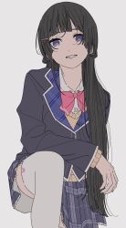 1girl black_hair black_skirt bow bowtie brown_cardigan cardigan collared_shirt grin hair_ornament hairclip highres jacket kamatama_rom long_hair looking_at_viewer miniskirt nijisanji pink_bow pink_bowtie plaid_clothes plaid_skirt pleated_skirt purple_eyes shirt simple_background skirt smile solo thighhighs tsukino_mito tsukino_mito_(1st_costume) virtual_youtuber white_background white_jacket white_shirt white_thighhighs