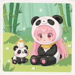 Rule 34 | 1girl, animal costume, baby bottle, bamboo, bamboo forest, baobao (infinity nikki), border, bottle, brown eyes, chibi, commentary request, cosplay, day, eyelashes, flower, forest, grey border, hair through headwear, happy, infinity nikki, kigurumi, light particles, long hair, looking at animal, nature, nikki (nikki), nikki (series), object on head, on grass, open mouth, outdoors, panda costume, pink hair, scarf, sitting, smile, sparkle, tareme, very long hair, white flower, xialengzi, yellow scarf