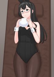 Rule 34 | animal ear hairband, animal ears, bed, black hair, black leotard, black pantyhose, cowboy shot, detached collar, fake animal ears, fake tail, geometrie, glasses, green eyes, hairband, highres, holding own tail, kantai collection, leotard, long hair, looking to the side, lying, on back, ooyodo (kancolle), pantyhose, pillow, playboy bunny, rabbit ears, rabbit tail, strapless, strapless leotard, tail, thigh gap, wrist cuffs