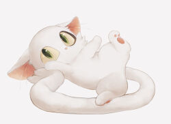 animal_ear_fluff animal_focus baby_animal cat colored_sclera commentary daijin_(suzume) ears_down full_body green_eyes highres kitten long_tail looking_at_viewer lying no_humans no_mouth on_back pawpads rolling rucha_(dokkanhanabi) simple_background slit_pupils solo suzume_no_tojimari tail white_background white_cat yellow_sclera