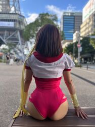 1girl ass bandana brown_hair cosplay cosplay_photo from_behind gunbuster headband highleg highleg_leotard highres leotard leotard_under_clothes photo_(medium) puffy_short_sleeves puffy_sleeves real_life ryitaros shirt short_sleeves sitting takaya_noriko white_shirt wristband yellow_headband