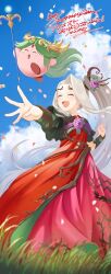 1girl blonde_hair blue_sky clenched_hand colored_skin commission copy_ability cosplay dated flower green_hair hair_flower hair_ornament highres holding holding_staff jin_(funaki_gen) kid_icarus kid_icarus_uprising kirby kirby_(series) nintendo oomoto_makiko outdoors outstretched_arm palutena palutena_(cosplay) petals pink_skin red_eyes skeb_commission sky staff super_smash_bros. viridi voice_actor_connection