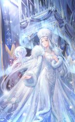 Rule 34 | 1girl, artist request, banner, cape, clenched hand, collar, detached collar, dress, erika (shining nikki), feet out of frame, fur-trimmed cape, fur-trimmed sleeves, fur hat, fur trim, game cg, grey cape, grey eyes, hallway, hand on own chest, hat, high collar, highres, indoors, jewelry, long hair, long sleeves, looking at object, necklace, night, nikki (series), official art, shining nikki, snow globe, snowflake print, snowy realm (shining nikki), solo, straight hair, strapless, strapless dress, ushanka, very long hair, white collar, white dress, white hair, white hat, window