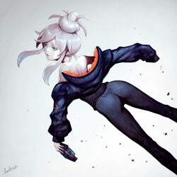 1girl ass blue_eyes commentary deux_murasame expressionless grey_hair gundam gundam_gquuuuuux highres holding holding_mask mask mecha_pilot_suit parted_lips senda_satoru solo updo