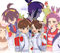 1brad 1girl 2boys :d ahoge applin blush braid brown_eyes brown_hair closed_mouth collarbone collared_shirt commentary_request florian_(pokemon) furret gen_2_pokemon gen_8_pokemon gloves highres hydrapple jacket juliana_(pokemon) kieran_(pokemon) korean_commentary korean_text looking_at_viewer mole mole_on_neck multicolored_hair multiple_boys necktie nintendo notice_lines open_mouth partially_fingerless_gloves pokemon pokemon_(creature) pokemon_sv purple_hair shirt short_hair shorts single_glove smile sparkle thumbs_up translation_request two-tone_hair yellow_eyes
