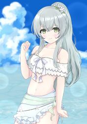 Rule 34 | 1girl, arm at side, assault lily, bare shoulders, bikini, bikini skirt, blue sky, blurry, blurry background, blush, bow, bow bikini, breasts, cleavage, clenched hands, closed mouth, cloud, collarbone, commentary request, crossed bangs, day, ekakisyun, flower, frilled bikini, frills, green eyes, green hair, hair between eyes, hair flower, hair ornament, hand up, high ponytail, highres, jewelry, long hair, looking at viewer, medium breasts, navel, ocean, off-shoulder bikini, off shoulder, official alternate costume, official alternate hairstyle, outdoors, ponytail, raised eyebrows, ring, short sleeves, sidelocks, sky, smile, solo, standing, stomach, swimsuit, toki kureha, water, white bikini, white bow, white flower