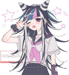 Rule 34 | 1girl, ;o, belt, black belt, black hair, black sailor collar, black skirt, blush, cowboy shot, danganronpa (series), danganronpa 2: goodbye despair, ear piercing, face piercing, green hair, grey shirt, highres, mioda ibuki, mouth piercing, neckerchief, one eye closed, piercing, pink eyes, pink hair, pink neckerchief, pleated skirt, pote (pote 39), sailor collar, scrunchie, shirt, short sleeves, skirt, solo, star (symbol), teeth, upper teeth only, white hair, wrist scrunchie