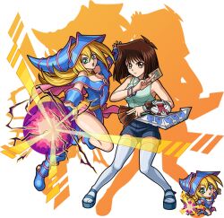 2girls bare_shoulders between_fingers blonde_hair blue_boots blue_hat blue_shorts blush_stickers boots bracelet breasts brown_eyes brown_hair card card_between_fingers chibi choker cleavage closed_mouth collared_shirt colored_shadow dark_magician_girl drop_shadow duel_disk duel_monster energy full_body glowing green_eyes green_shirt hair_between_eyes hand_up hat holding holding_card holding_wand jewelry leg_up long_hair looking_at_viewer magic mazaki_anzu medium_breasts monster_strike multiple_girls official_art open_mouth outstretched_arms pentacle pigeon-toed pink_skirt sandals serious shadow shirt shorts skirt sleeveless sleeveless_shirt socks spread_arms staff teeth thighhighs transparent_background upper_teeth_only v-shaped_eyebrows wand white_socks white_thighhighs wizard_hat yu-gi-oh!