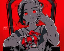 Rule 34 | 1boy, collarbone, commentary request, crown, finger in own mouth, gloves, grin, highres, holding, holding crown, jacket, kieran (pokemon), king (vocaloid), long sleeves, looking at viewer, male focus, mole, mole on neck, mouth pull, nintendo, off shoulder, pokemon, pokemon sv, red background, red eyes, red gloves, shinogo no, shirt, single glove, sitting, sitting on throne, sleeveless, sleeveless shirt, smile, solo, tank top, teeth, throne, unworn crown, zipper