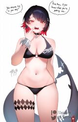 Rule 34 | 1girl, artist name, bikini, black bikini, breasts, candy, cleavage, colored inner hair, commentary, cowboy shot, earrings, ellen joe, english commentary, english text, fins, fish tail, food, hair between eyes, highres, jewelry, large breasts, lollipop, looking at viewer, mole, mole under eye, multicolored hair, navel, open mouth, red eyes, red hair, shark girl, shark tail, sharp teeth, short hair, sidelocks, simple background, solo, speech bubble, swimsuit, tail, teeth, thighs, two-tone hair, zasshu, zenless zone zero