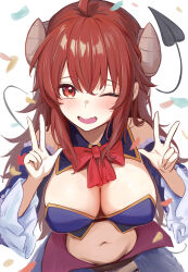 1girl ahoge bare_shoulders blue_sleeves blush borushichi bow bowtie breasts cleavage commentary_request confetti crisis_management_form_(machikado_mazoku) crossed_bangs curled_horns demon_girl demon_horns demon_tail detached_collar detached_sleeves double_w foreshortening frilled_sleeves frills from_above hair_between_eyes hands_up happy highres horns large_breasts long_hair looking_at_viewer machikado_mazoku navel one_eye_closed open_mouth red_bow red_bowtie red_eyes red_hair sidelocks simple_background smile solo tail upper_body upturned_eyes w white_background wide_sleeves yoshida_yuuko_(machikado_mazoku)
