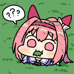 1girl ? ?? blush_stickers bow chibi chibi_only ear_bow ear_covers eating feral_instincts hair_intakes haru_urara_(umamusume) headband horse_girl jaggy_lines jazz_jack long_hair lowres pink_hair pink_headband ponytail purple_shirt sailor_collar sailor_shirt school_uniform shirt solo spoken_question_mark summer_uniform tracen_school_uniform umamusume white_bow white_sailor_collar wide_face