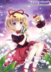black_dress black_shirt blonde_hair blue_eyes blush bow bubble_skirt collar dress flower fog frilled_socks frills highres holding holding_flower knee_blush lily_of_the_valley looking_at_viewer mary_janes medicine_melancholy mini_person minigirl purple_background red_ribbon red_shoes red_skirt ribbon shirt shoes short_hair skirt smile socks su-san torii_sumi touhou white_bow white_collar white_petals white_socks wings