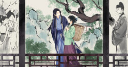 1girl 2boys absurdres architecture backpack_basket basket black_hair blue_hanfu blue_sash chinese_clothes closed_eyes east_asian_architecture from_side gaoshun_(kusuriya_no_hitorigoto) hair_bun hanfu highres holding holding_basket jinshi_(kusuriya_no_hitorigoto) kusuriya_no_hitorigoto long_hair looking_at_another lower_teeth_only maomao_(kusuriya_no_hitorigoto) multiple_boys open_mouth parted_bangs sash smile teeth tree tsubsa_syaoin watercolor_effect wide_sleeves