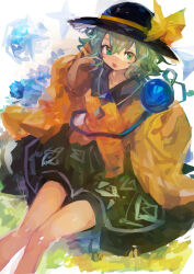 1girl absurdres black_hat black_skirt bow commentary green_eyes green_hair green_skirt hair_between_eyes hand_in_own_hair hat hat_bow highres kaamin_(mariarose753) komeiji_koishi long_sleeves looking_at_viewer open_mouth shirt sitting skirt solo third_eye touhou wide_sleeves yellow_bow yellow_shirt