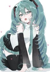 1girl all_fours armpit_crease black_skirt black_sleeves black_thighhighs blue_eyes blue_hair blue_necktie blush collared_shirt detached_sleeves hair_between_eyes hashtag-only_commentary hatsune_miku heart long_hair looking_at_viewer miniskirt necktie open_mouth pleated_skirt see-through_clothes see-through_sleeves shadow shirt simple_background skirt sleeveless sleeveless_shirt solo teeth thighhighs twintails uparupa_04 upper_teeth_only vocaloid white_background white_shirt wing_collar zettai_ryouiki