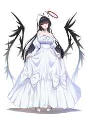 Rule 34 | 1girl, absurdres, arms at sides, bare shoulders, black hair, black wings, blood, blood halo, blue archive, blunt bangs, breasts, choker, commentary request, dress, full body, halo, highres, large breasts, liquid halo, long dress, long hair, looking at viewer, matoba ryou, off-shoulder dress, off shoulder, official alternate costume, parted lips, red halo, shadow, shoes, simple background, skirt hold, smile, solo, standing, tsurugi (blue archive), tsurugi (dress) (blue archive), white background, white choker, white dress, white shoes, wings