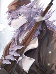 1boy animal_ear_fluff animal_ears ao_(chung0u0) ascot brown_hat brown_jacket claws dog_nose fate/grand_order fate_(series) fur-trimmed_jacket fur_trim furry furry_male green_eyes grey_fur gun hat highres holding holding_gun holding_weapon jacket looking_at_viewer male_focus patxi_(fate) snow steam weapon white_ascot wolf_boy wolf_ears