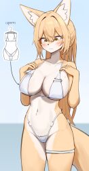 1girl absurdres animal_ear_fluff animal_ears animal_nose bikini blonde_hair breasts cleavage closed_mouth collarbone english_text eyebrows_hidden_by_hair eyes_visible_through_hair fox_ears fox_girl fox_tail furry furry_female hair_between_eyes highleg highleg_bikini highres jeifier_(character) jeifier_(korfiorano01) large_breasts long_hair looking_at_breasts navel ocean original ponytail sky solo standing swimsuit tail thigh_strap thighs very_long_hair white_bikini yellow_eyes