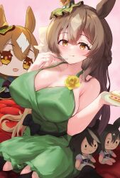 1girl :d absurdres animal_ears bare_shoulders breasts brown_eyes brown_hair cake cake_slice cleavage doll doqute_stuffed_doll dress food fork green_dress hair_between_eyes half_updo highres holding holding_fork holding_plate horse_ears horse_girl horse_tail kitasan_black_(umamusume) large_breasts long_hair looking_at_viewer multicolored_hair open_mouth p1_fcoyaa plate satono_crown_(umamusume) satono_diamond_(umamusume) sitting smile solo streaked_hair tail umamusume very_long_hair white_hair