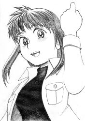 1girl absurdres arm_up greyscale highres jacket looking_at_viewer monochrome open_clothes open_jacket open_mouth sidelocks solo spirits_of_haruka sweater teeth tsubaki_mikoto turtleneck turtleneck_sweater upper_teeth_only