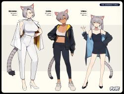 3girls absurdres animal_ears cat_ears cat_girl cat_tail dark-skinned_female dark_skin go!_go!_gris! grey_hair highres kara_(go!_go!_gris!) long_hair medium_hair mother_and_daughter multiple_girls short_hair simple_background tagme tail tan twintails vertigris viska_(go!_go!_gris!) white_background