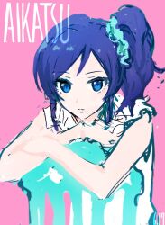 1girl aikatsu! aikatsu!_(series) anna_039 blue_eyes blue_hair chair english_text highres kiriya_aoi long_hair looking_at_viewer pink_background simple_background sitting