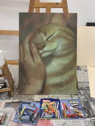 Rule 34 | :3, animal focus, art tools in frame, cat, closed eyes, closed mouth, easel, facing viewer, highres, karin hosono, orange cat, original, pastel (medium), petting, photo (medium), smile, solo focus, traditional media