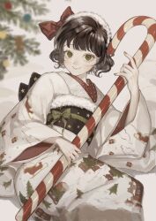 Rule 34 | 1girl, absurdres, bow, brown hair, candy, candy cane, christmas, closed mouth, cowboy shot, food, green eyes, green ribbon, hair bow, highres, holding, holding candy, holding candy cane, holding food, japanese clothes, kimono, looking at viewer, original, red bow, red ribbon, ribbon, sayoko (sayosny2), short hair, smile, solo, white kimono, wide sleeves