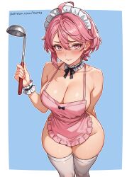 1girl absurdres apron arm_behind_back blue_background blush breasts closed_mouth commentary dandadan embarrassed english_commentary highres holding holding_ladle ladle large_breasts looking_at_viewer naked_apron patreon_username pink_eyes pink_hair reus_(cetta) shiratori_aira_(dandadan) short_hair solo thighhighs white_thighhighs