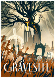 architecture aylameridiandrawsstuff border castle elden_ring elden_ring:_shadow_of_the_erdtree english_text highres in-universe_location landscape no_humans ruins scadutree_(elden_ring) sky tombstone wheat wheat_field white_border