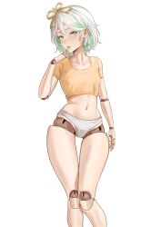 1girl absurdres alternate_costume breasts cecilia_immergreen crop_top doll_joints finger_in_own_mouth green_eyes green_hair highres hololive hololive_english joints looking_at_viewer multicolored_hair navel orange_shirt panties shirt simple_background small_breasts solo streaked_hair tanukidraws underwear virtual_youtuber white_background white_hair white_panties winding_key