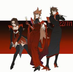 Rule 34 | 3girls, antenna hair, bare shoulders, black boots, black coat, black eyes, boots, breasts, brown hair, chinese commentary, choker, closed mouth, coat, colored shoe soles, commentary request, contrapposto, cup, curtained hair, dagger, dress, drinking glass, eddsworld, fingernails, flipped hair, full body, future tord (eddsworld), genderswap, genderswap (mtf), grin, gun, hair behind ear, hair horns, handgun, high heel boots, high heels, highres, holding, holding cup, holding dagger, holding gun, holding knife, holding weapon, juliet sleeves, knife, legs apart, legs together, letterboxed, long dress, long hair, long sleeves, looking at viewer, looking back, mechanical arms, multiple girls, no pupils, open clothes, open coat, outside border, patryck (eddsworld), paul (eddsworld), puffy sleeves, red background, red choker, red dress, scar, scar across eye, scar on face, short dress, short hair, sideways glance, simple background, single mechanical arm, sleeveless, sleeveless dress, sleeveless turtleneck, small breasts, smile, standing, thigh boots, thighhighs, tord (eddsworld), tori (eddsworld), torn clothes, torn dress, turtleneck, turtleneck dress, very long hair, weapon, white eyes, wine glass, xic94, zettai ryouiki