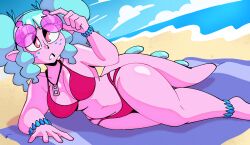 1girl animal_ears beach bikini blue_hair breasts colored_skin freckles highres non-web_source original pink_eyes pink_skin pink_tail red_bikini short_twintails simple_background solo sunbathing sunglasses swimsuit tanning thighs twintails