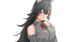 animal_ears bare_shoulders black_hair butterfly_pin dandelion flower grey_shirt hazel_eyes highres holding holding_flower hololive light_smile looking_at_viewer meisei1857124 ookami_mio red_streaks shirt white_background wolf_ears
