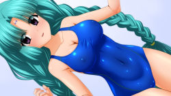 1girl absurdres braid breasts canal_vorfeed collarbone commentary_request competition_swimsuit covered_erect_nipples covered_navel facial_mark gradient_background green_hair grey_background highres large_breasts long_hair looking_at_viewer lost_universe one-piece_swimsuit purple_eyes sideways solo standing sugimura_tomokazu swimsuit twin_braids