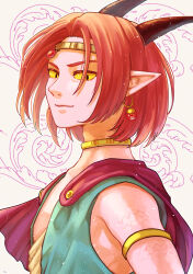 Rule 34 | 1boy, aqua robe, armlet, black eyes, black horns, cape, choker, circlet, colored eyelashes, colored sclera, colored skin, commentary request, dragon boy, dragon quest, dragon quest x, earrings, floating hair, gem, gold armlet, gold choker, gold circlet, grey background, highres, horns, jewelry, light smile, looking down, male focus, monster boy, multicolored robe, parted hair, phoebe nemo, pointy ears, purple cape, purple scales, purple skin, red gemstone, red hair, robe, short hair, slit pupils, solo, sphere earrings, tobias (dq10), upper body, white robe, yellow sclera