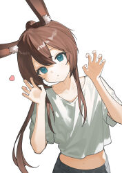 Rule 34 | 1girl, absurdres, alternate costume, amiya (arknights), animal ears, aqua eyes, arknights, arms up, brown hair, claw pose, collarbone, crop top, cropped shirt, fingernails, grey shirt, hair between eyes, heart, highres, long hair, looking at viewer, midriff, nagisa (cxcx5235), navel, parted lips, shirt, short sleeves, simple background, solo, t-shirt, white background